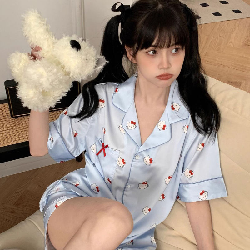 Sanrio Hello Kitty (3/Pcs Set) Pajamas For Women | Satin Blue