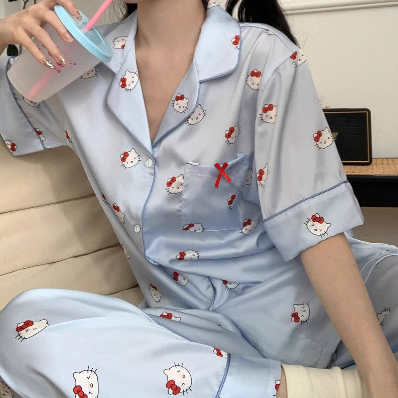 Sanrio Hello Kitty (3/Pcs Set) Pajamas For Women | Satin Blue
