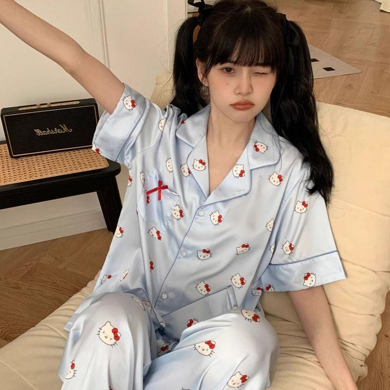 Sanrio Hello Kitty (3/Pcs Set) Pajamas For Women | Satin Blue
