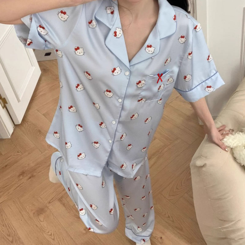 Sanrio Hello Kitty (3/Pcs Set) Pajamas For Women | Satin Blue