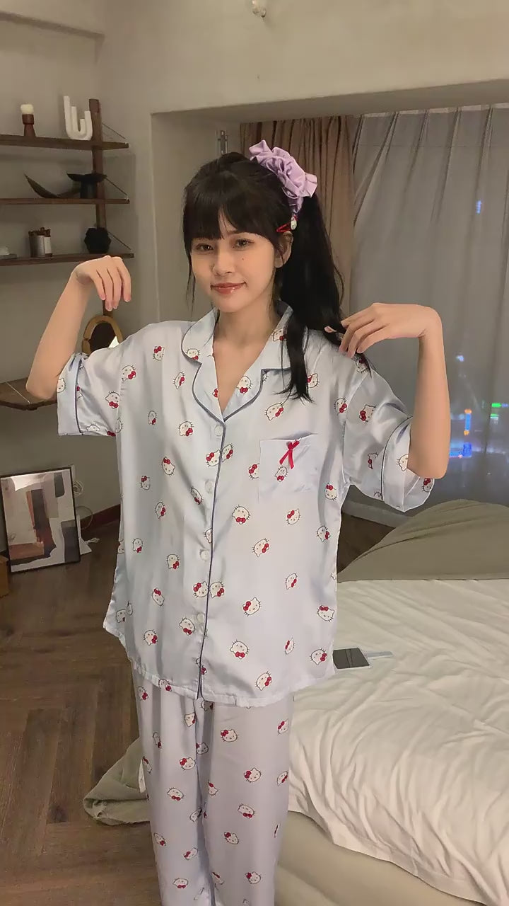 Sanrio Hello Kitty (3/Pcs Set) Pajamas For Women | Satin Blue